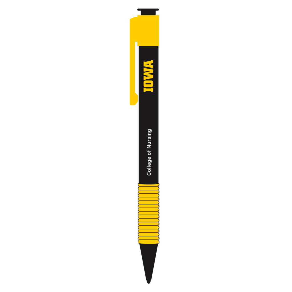 Block IOWA logo shown vertically on a pen