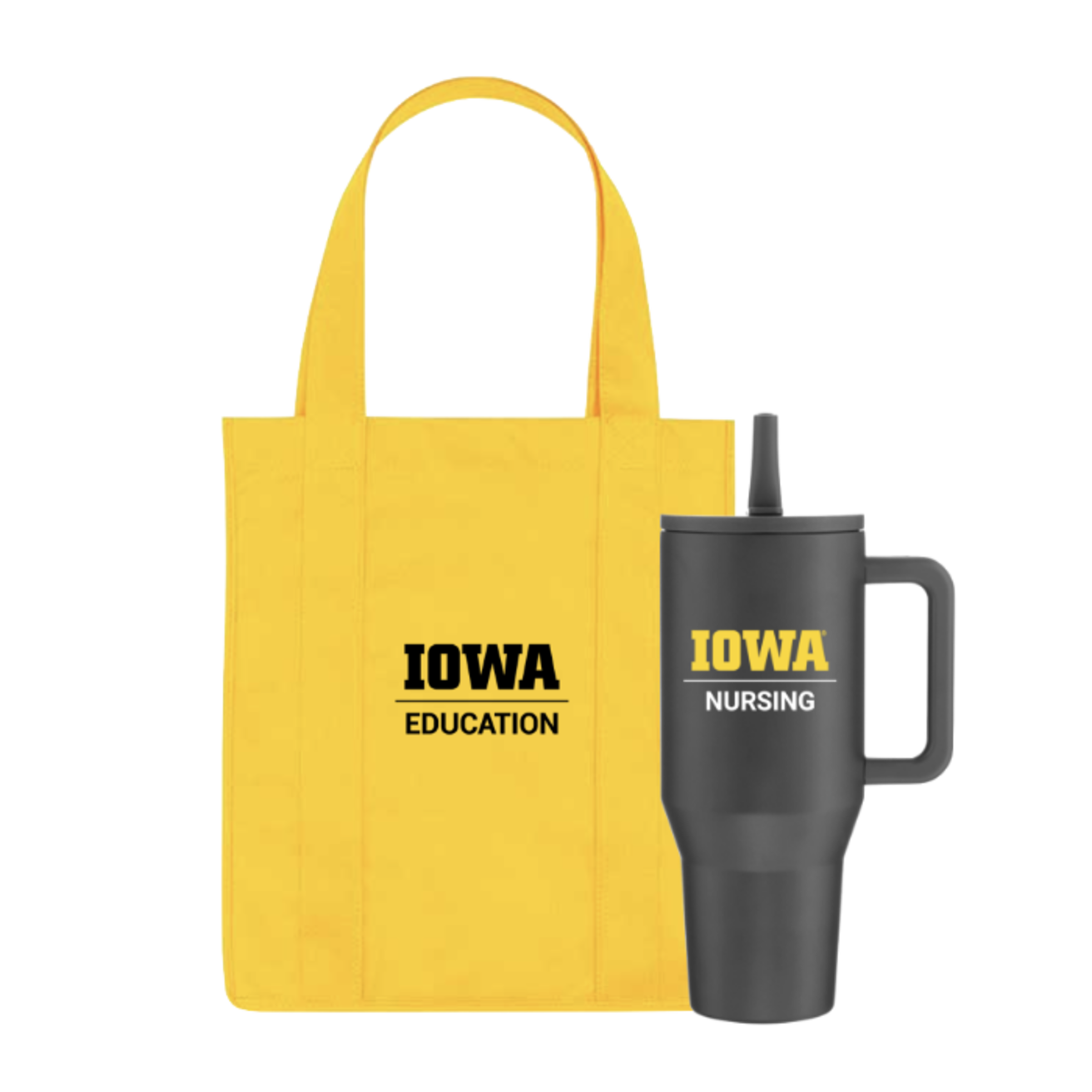Tote bag and water bottle with Iowa Branding