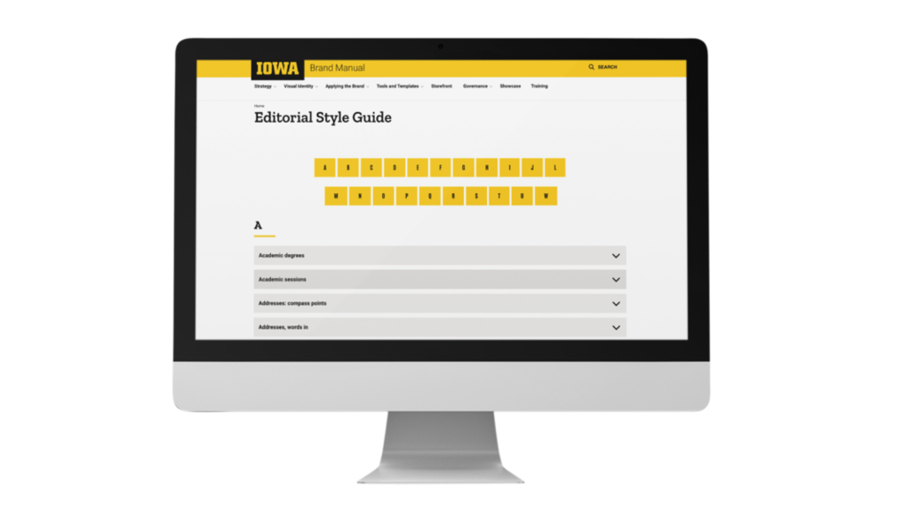 Preview of Iowa editorial style guide web page showing A-Z jump links at top of page